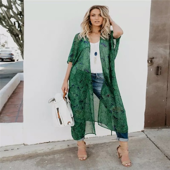 New! Green/Blue Leaf Kimono - Picture 2 of 6